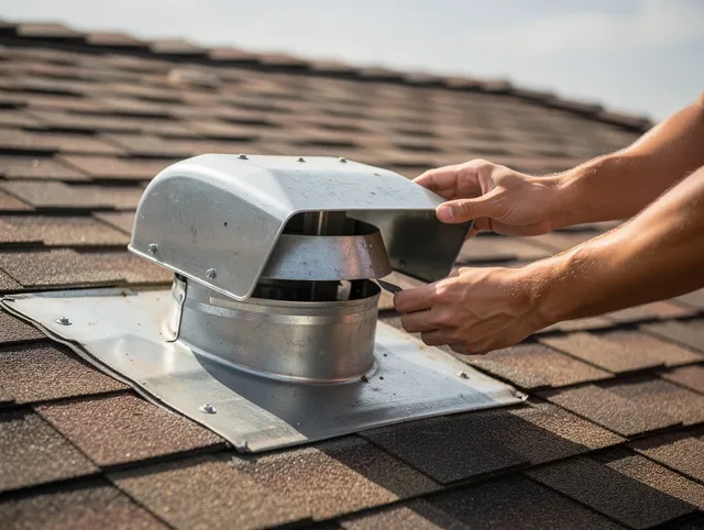 Somers Dryer Vent Cleaning certified technician safely cleaning a roof-mounted dryer vent in Somers